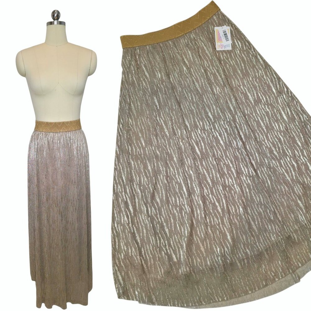 LuLaRoe Elegant Lucy Skirt Large Gold Metallic Foil Chiffon Glam Maxi New Years